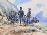 a painting of a group of men standing on a mountain