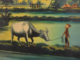 a painting of a man walking a cow by the water