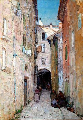 une peinture à l'huile représentant une ruelle étroite dans laquelle une personne marche