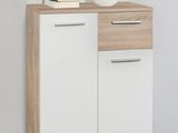 a white and wood cabinet with a plant on top of it