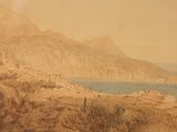 a painting of a view of a mountain with a body of water in the foreground
