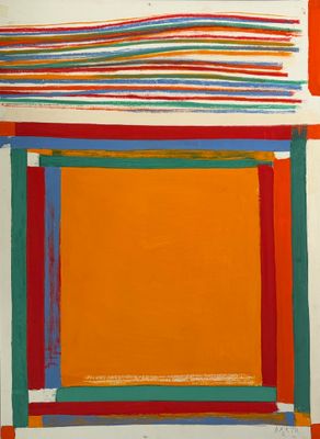 une peinture abstraite représentant un carré composé de différentes couleurs et de lignes