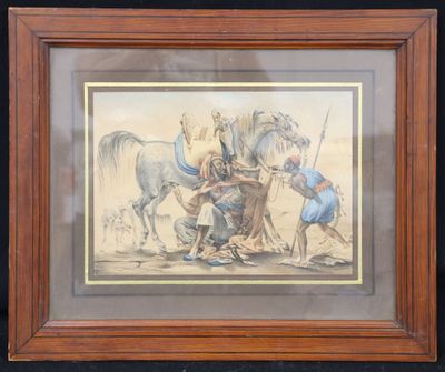 an image of a painting of a man on a horse being led by a man on a horse