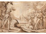 a drawing of a group of naked men in a wooded area
