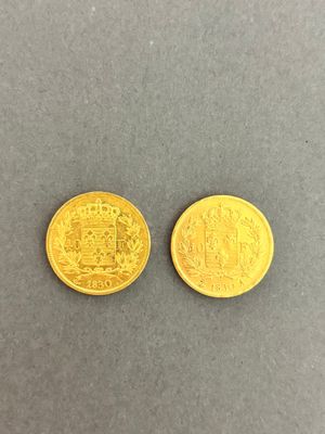 two pieces of gold coins, one of which has a coat of arms and the other of which is a