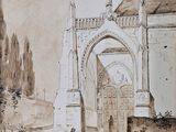 dessin représentant un vieux bâtiment avec un portail et un homme debout devant celui-ci