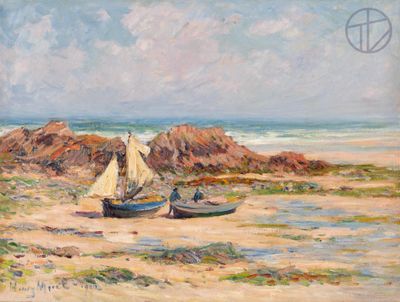 a painting of two boats on the beach near the water