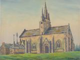 peinture représentant une peinture d'une église dans un champ, avec un pont en arrière-plan