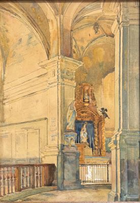 une peinture représentant une statue à l'intérieur d'un bâtiment