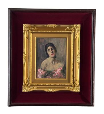 tableau représentant une femme en robe rose, dans un cadre doré
