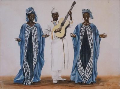 painting of three people dressed in blue and white with a guitar