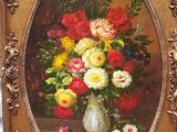 a painting of flowers in a vase on a table