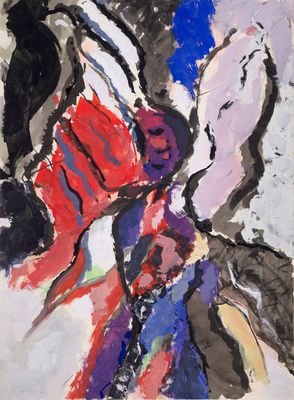 an abstract painting of a woman holding a child in her arms