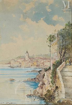 un tableau représentant une vue d'une ville au bord de l'eau