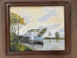 une peinture représentant un bateau à la surface de l'eau