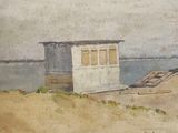 a watercolor painting of a boat on the beach