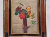 painting of flowers in a red vase on a white wall