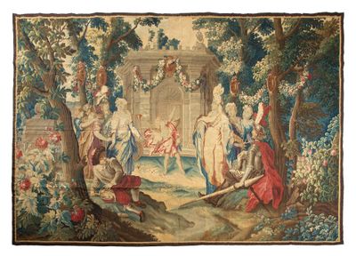 an image of a tapestry with a painting of people in a garden