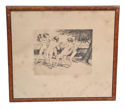 un dessin représentant un groupe de nus, dans un cadre en bois