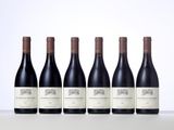 six bottles of red wine lined up in a row
