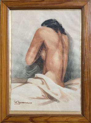 an image of a painting of a nude woman sitting on a bed