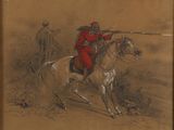 drawing of a man on a horse with a spear in his hand and another man on a horse with a spear in his hand