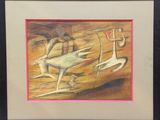 tableau représentant un oiseau et deux oiseaux survolant un paysage désertique