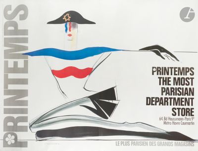 une image représentant une affiche publicitaire pour un magasin, sur laquelle figure une femme en robe et avec un chapeau