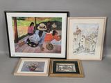 three framed and unframed paintings of women and children
