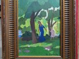 une peinture à l'huile représentant une femme en robe bleue debout sous un arbre