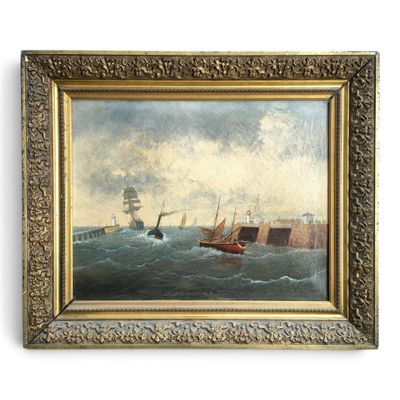 an oil painting of a ship in rough water with other ships in the background