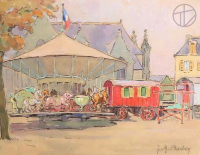 a painting of a horse drawn carriage in front of a carousel