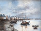 a painting of a harbor scene with boats on the water