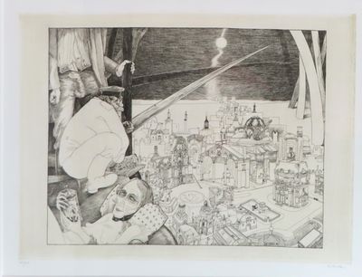 a black and white drawing of a city in a picture