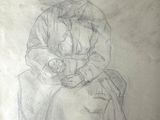 drawing of a woman sitting in a chair with a hat on her head