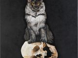 a painting of a cat sitting on top of a skull