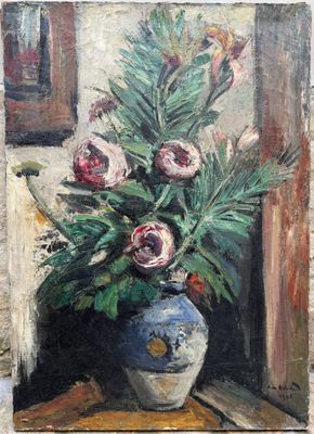 une peinture de fleurs dans un vase sur une table