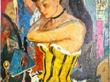 une peinture à l'huile représentant une femme en corset assise devant un miroir