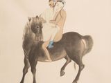 a drawing of a man riding a horse with a woman on it