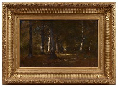 un tableau représentant un paysage boisé avec des arbres au premier plan