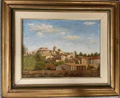 tableau représentant une vue d'une ville avec une église au loin