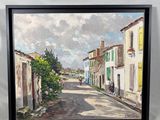 tableau représentant une rue d'une petite ville avec un vélo garé sur le bord de la route