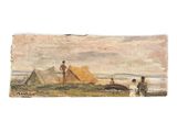 a painting of a man standing in front of a tent