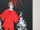 a painting of a woman in a red dress on a black background