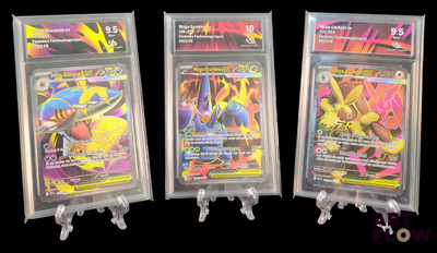 three pokemon cards are in a clear plastic bag on a black background