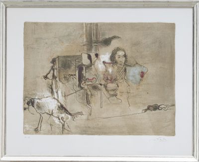 drawing of a man and a woman sitting in a chair with a dog