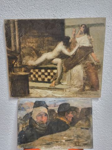 Gustave René PIERRE (XXème) « soldats », huile sur panneau. Signé...