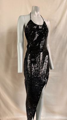 a mannequin dress with a black and silver sequin