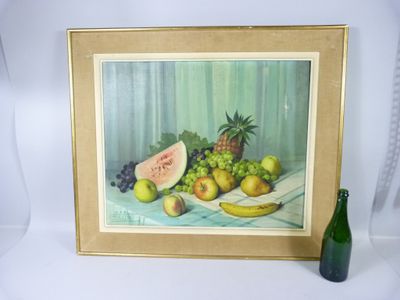 tableau représentant une nature morte composée de fruits et d'une bouteille de vin