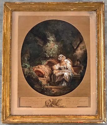 un vieux tableau représentant une femme et un enfant assis sur un banc